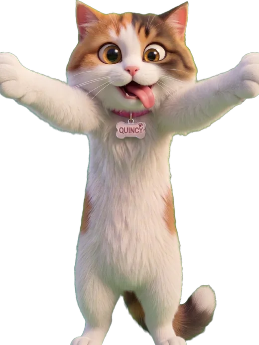 Quincy, a calico cat standing with arms wide open